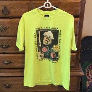 Large Bright Yellow Obey Tshirt w. faces and roses